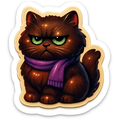 Fluffy grumpy cute dark-brown cat with green eyes and a purple scarf sticker