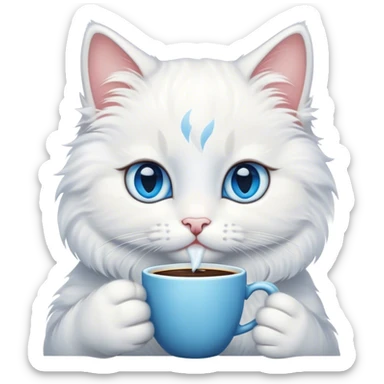 White kitty drinks coffee  sticker