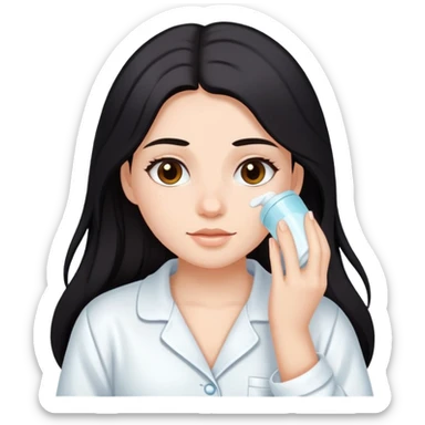Girl with dark long hair doing skincare in a white Pyjama sticker
