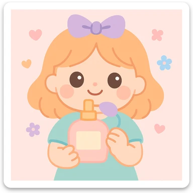 a cute girl holding a perfume bottle, surrounded by floating hearts and flowers, in a sweet and charming style sticker