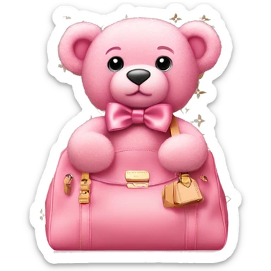 pink bow teddy bear solo is sitting in a louis vuitton bag sticker