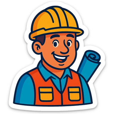 engineer with yellow safety helmet, friendly expression, vibrant cartoon style sticker