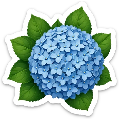 Beautiful blue hydrangea flower cluster with rounded ball shape and lush green leaves sticker