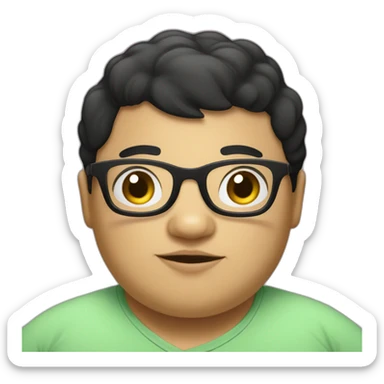 A fat kid with very short black hair and glasses and a bed in the background sticker