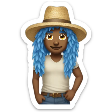 a man with straw hat and large blue hair sticker