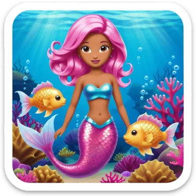 Brown skin blonde hair barbie mermaid with holographic tail and pink hair with pufferfish sticker