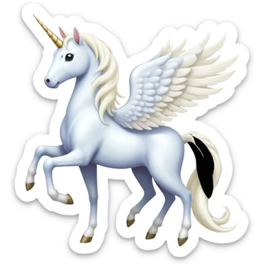 All white Cinematic Noble Unicorn with wings, slender with a flowing mane and tail and spiraled horn sticker
