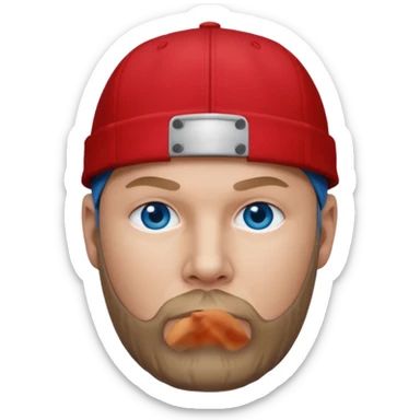 Fred Durst with dark blonde hair, blue eyes, red outfit and cap sticker