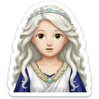 Artemis from Greek Gods with long white wavy hair, white sequin toga sticker
