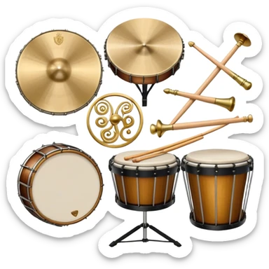 Create a heraldic, festive, and professional emblem-like emoji representing percussion instruments. The design should resemble a traditional crest, featuring a range of percussion instruments like cymbals, triangle, tambourine, maracas, timpani, and other traditional and folk percussion instruments. Arrange them symmetrically, with elements like cymbals crossing each other, a triangle at the center, and timpani or drums flanking the sides. The instruments should be depicted with metallic and wooden tones—shiny brass for cymbals, silver for the triangle, and rich wood or polished bronze for drums. Include ornate details like engraved patterns on the instruments, decorative swirls or laurels, and subtle accents to add elegance and festivity to the composition. The overall design should be cohesive, balanced, and visually striking, suitable for use as a prestigious emblem. The background should be transparent. sticker