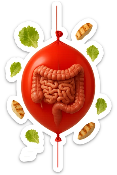 intestino anatomico realistico chiuso in un palloncino rosso e foglie di insalata e petto di pollo grigliato che fluttuano intorno sticker