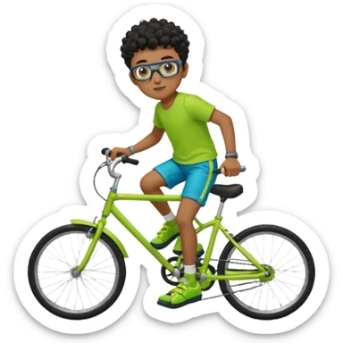 Menino pardo com cabelo curto cacheado preto raspado dos lados, de óculos preto quadrado e blusa verde e amarela bermuda preta e chinelo azul andando de biblicleta verde neon sticker