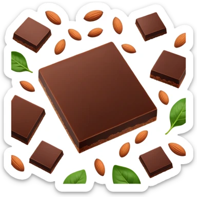 Relaxed body silhouette surrounded by floating food: several large, shiny dark chocolate squares prominently featured, along with spinach leaves, almonds, and seeds. Gentle light connecting these foods to muscles and nervous system, creating a calming effect throughout the body. sticker