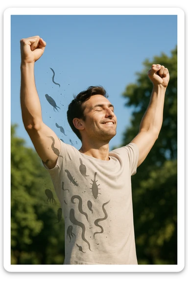 a man stands outdoors in bright sunlight, arms raised in relief and joy, while faint, shadowy silhouettes of parasites fall away from his body and dissolve into the air. His posture is upright and energetic, his expression serene and healthy. The background features green trees and a clear sky, emphasizing liberation and restored well-being. sticker