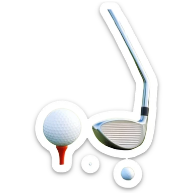 A golf ball on a tee with a golf club placed beside it, set against the backdrop of a well-manicured green golf course. The scene emphasizes the equipment and serene atmosphere of the sport, with soft lighting and a peaceful, open landscape sticker