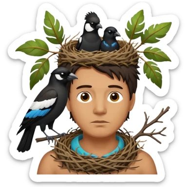 A man who has a magpie birds nest on top of his head for hair sticker
