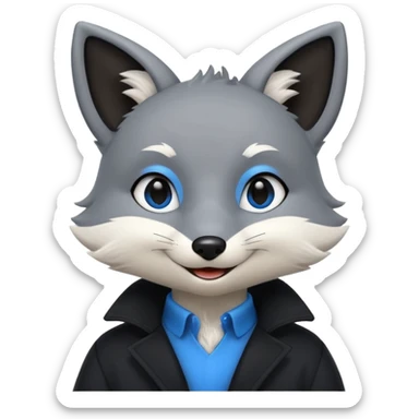 Grey anthropomorphic furry fox with a black coat, blue eyes, and a small fringe of black hair, smiling sticker