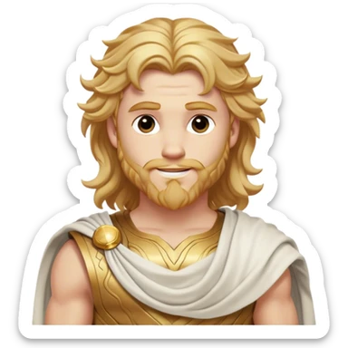 Cinematic Realistic Thor Portrait, head tilted playfully and inquisitively, showcasing his classical Greek god allure with a relaxed, yet commanding presence. His fair, radiant skin and flowing, wavy golden hair are highlighted by a gentle smile and twinkling, approachable eyes. Clad in a gracefully draped white toga with subtle golden embellishments, he exudes a lighthearted yet powerful charm under soft, natural lighting. sticker