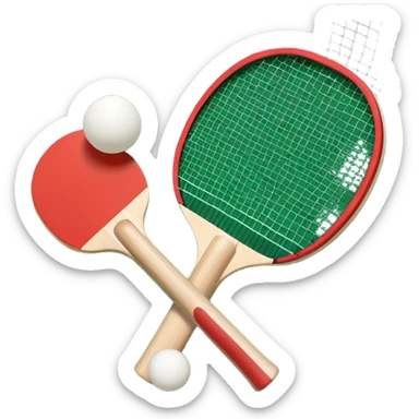 Two table tennis paddles and a ball placed on a ping pong table, with the net in the background. The scene conveys the simplicity and focus of the sport, with vibrant colors highlighting the rackets and ball on the smooth surface of the table. sticker