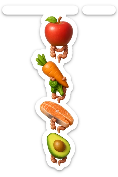 cibo sano fluttua in aria verticalmente stringendo piccoli colon umani, stile emoji iphone, iperrealistico 4k sticker