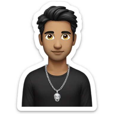 A strong Indian Hindu man wearing men silver chain,styled on a Full sleeve black tshirt,black hair white skin sticker