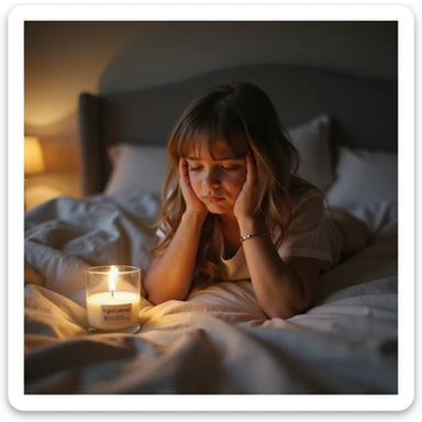 realistic image of a girl in a bedroom, looking sad, then smelling a scent from a candle or diffuser, her mood changing to relaxed sticker