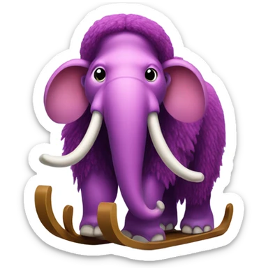 Purple-pink wooly mammoth with a snowy forest on its back and sleds for feet sticker