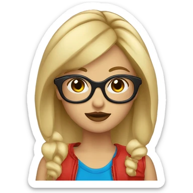 Chica rubia con pelo corto ojos azules y gafas de color negro y rojoazules  sticker