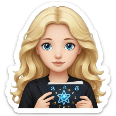 A long wavy haired blonde girl with blue eyes, wearing black, holding astrology natal chart. sticker