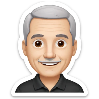 Puerto Rican older man with round face, wide jaw, light skin. Expressive dark brown eyes, thick eyebrows. Short gray hair with receding hairline. Light gray stubble beard. Friendly smile. Wearing a black polo shirt. sticker