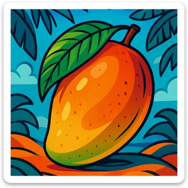 tropical mango tropical fruit, vibrant colors, cartoon style, detailed, beautiful illustration sticker