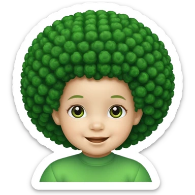 a smiling baby with bright green skin and  a big afro sticker