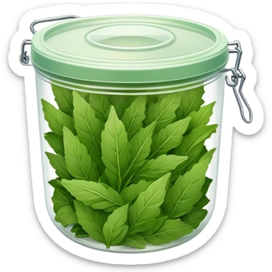 small plastic container with green dried herbal leaves which are clumped together sticker