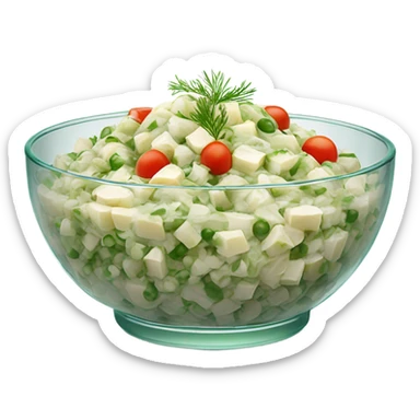russian salad olivier on a crystal bowl, dill on top of a dish, view from the side  sticker