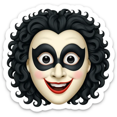 generate theatre mask emoji with a big curly black hair 

wide black smile, long and pointy white nose, pitch black eyes sticker