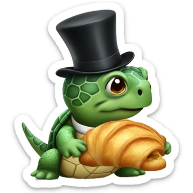 A turtle eating croissant wearing a top hat  sticker