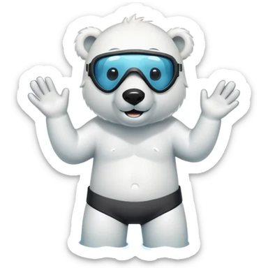 friendly anthropomorphised polar bear standing in a puddle of water, wearing board shorts, scuba mask over eyes with snorkel tube sticker
