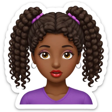 emoji sucking its lips in with one eyebrow up and the other one down dark skin and curly hair in one ponytail with eyelashes up to her hair sticker