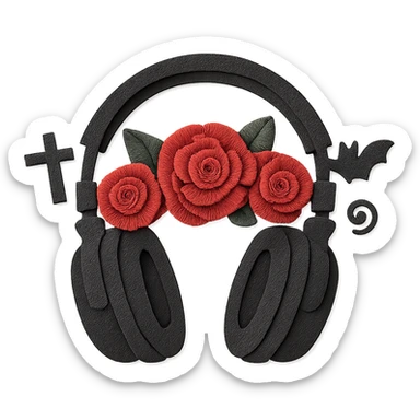 black gothic headphones with layered paper roses and gothic motifs sticker
