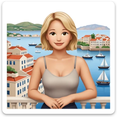 jennifer lawrence, leaning on a balcony with a harbor and cityscape in the background, smiling, closeup sticker