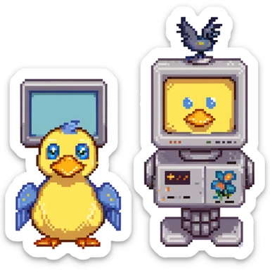 pixel art style, 16-bit retro game look, smiling CRT monitor robot with small arms, standing beside playful yellow duck with big eyes, orange beak, fluffy feathers, blue bowtie, pixel gradient sky and clouds in background, warm, cheerful, clean pixel lines, isometric or side view sticker