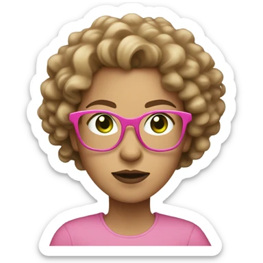light skinned woman with light brown curly hair, green eyes, and oversized pink glasses shrugging sticker