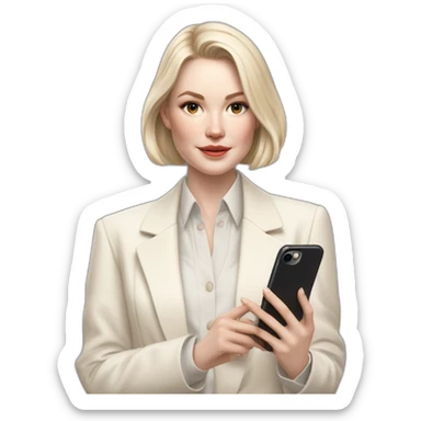 pale skin woman with ash blonde Straightened bob Hair, White Spacious classical jacket, beige palazzo Arrow pants and gray blouse holding white IPhone 15 pro in the hands sticker