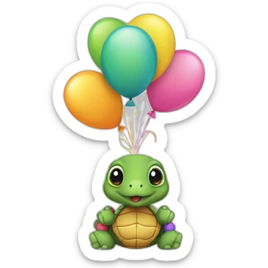 A turtle in a festive cap and with balloons in its paws sticker