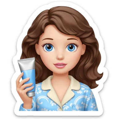Barbie girl with makeup, blue eyes , and bob long haircut wavy, short brown hair in creamy color pajamas, face cream in hand sticker