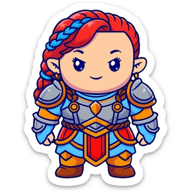 female dwarf from Lineage 2 with braided red hair, stocky build, wearing fantasy armor and jewelry sticker
