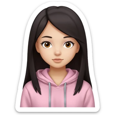 A pretty girl with light skin and long straight black brown hair, wearing a very light pink basic hoodie with brown eyes and makeup and a round face sticker