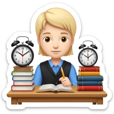 emoji student studying hard with books and clock, motivated, white background sticker
