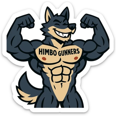 extremely muscular wolf furry, shirtless, 'Himbo Gunners' tattoo across chest, flexing, smiling confidently sticker
