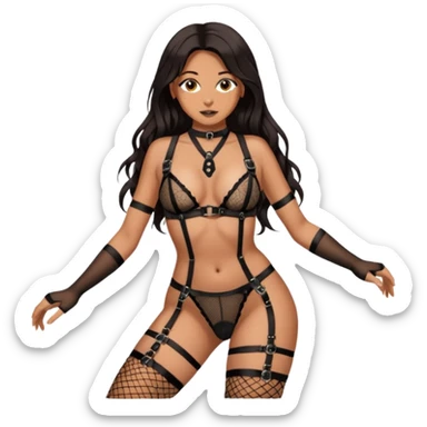 Tan skin with freckles, long dark hair, hazel eyes Dominatrix, wearing BDSM style harness lingerie and black fishnet stockings. Dominant pose.  sticker